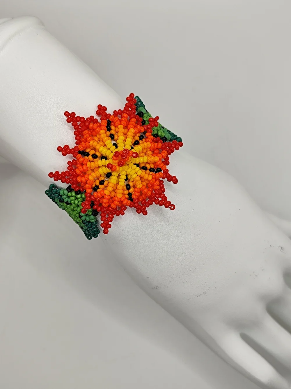 Vibrant Floral Seed Bead Bracelet in Red, Orange & Green